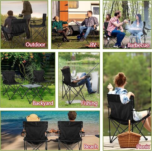 HaSteeL Camping Chairs Set for Adults, 2 Black Folding Moon Chairs & 1 Lightweight Camp Table, with Side Pockets & Cup Holders, Carrying Bags Portable for Outdoor Travel Beach Backyard Fishing Hiking in Saudi Arabia