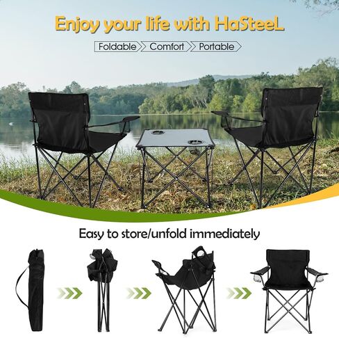 HaSteeL Camping Chairs Set for Adults, 2 Black Folding Moon Chairs & 1 Lightweight Camp Table, with Side Pockets & Cup Holders, Carrying Bags Portable for Outdoor Travel Beach Backyard Fishing Hiking in Saudi Arabia