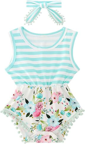 UNICOMIDEA Baby Girl Romper with Headband 3D Print Sleeveless Outfit 0-24M | Newborn Girl Clothes 0-24M,3D Print,Pom-Pom Trim, Easy Diaper Snap,Infant Baby Gift,Machine Washable in Saudi Arabia