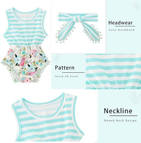 UNICOMIDEA Baby Girl Romper with Headband 3D Print Sleeveless Outfit 0-24M | Newborn Girl Clothes 0-24M,3D Print,Pom-Pom Trim, Easy Diaper Snap,Infant Baby Gift,Machine Washable in Saudi Arabia