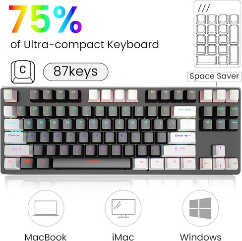 لوحة مفاتيح ميكانيكية JeefullPower75%، لوحة مفاتيح سلكية للألعاب بـ 87 مفتاحًا، لوحة مفاتيح مدمجة لرحلات العمل، المكتب، ألعاب الكمبيوتر الشخصي، لوحة مفاتيح ألعاب باللون الأحمر الخطي (أبيض وأسود) in Kuwait