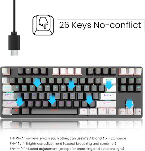 لوحة مفاتيح ميكانيكية JeefullPower75%، لوحة مفاتيح سلكية للألعاب بـ 87 مفتاحًا، لوحة مفاتيح مدمجة لرحلات العمل، المكتب، ألعاب الكمبيوتر الشخصي، لوحة مفاتيح ألعاب باللون الأحمر الخطي (أبيض وأسود) in Kuwait