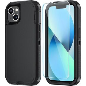 Phone Case for iPhone 13 Case/iPhone 14 Case with HD Screen Protector, Heavy Duty Shockproof & Dropproof 3-Layer Cover Phone Case for iPhone 13/14 (PurpleSkyBlue)