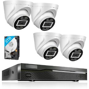 8MP 2.8mm Wide Angle Lens 2-Way Audio Security Dome 4K Camera System,8CH With 3TB Hard Drive NVR & 4pcs 8MP POE Waterproof Camera for Home Security,AI Color Night Vision,24/7 Recording,APP/Email Alarm