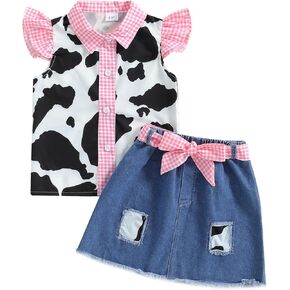 Lefyira Toddler Cowgirl Outfit Cow Print Button Up Shirt Ruffle Sleeve Tops Belted Denim Skirt Set Western Baby Jeans Clothes