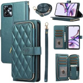 Argyle Wallet Case for Motorola Moto G13/G23 with Wrist Strap Shoulder Strap, 9+ Card Slot Zipper Purse Luxury PU Leather Stand Checkered Cell Phone Cover for G 13 23 4G Women Girls White