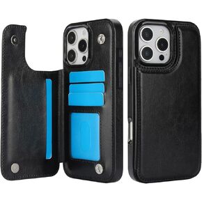 for iPhone 16 Pro Max Case Wallet Card Holder Double Magnetic Clasp Card Slots Kickstand Stand Leather Phone Cover for iPhone 16 Pro Max (Black)