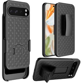 for Google Pixel 9 Pro Case Holster, Swivel Belt Clip Kickstand Holder, Slim Rugged Full Body Armor Shell Protective Pouch Cover for Google Pixel 9 Pro 2024 Release, Black
