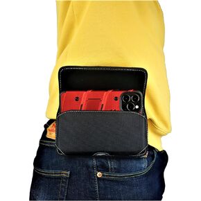 Nylon Phone Pouch for iPhone 16 15 14 13 12 / iPhone Pro Rugged W/Fixed Secure Holster, Belt Loop Clip Holder, Magnetic Closure, Fit Slim-fit Or Defender Case On Cell Phone (Black-Vertical)