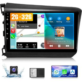 for Honda Civic 2012-2015 Android Car Stereo with Wireless Carplay/Android Auto 9'' Touchscreen Autoradio Support WiFi GPS Navigation Backup Camera FM Radio Multimedia Player Headunit