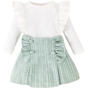 Toddler Girls Spring Autumn 2Pcs Skirt Outfits Long Sleeve Ruffle Ribbed Solid Color Tops A-line Plaid Skirt Sets