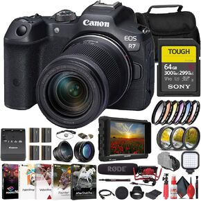 Canon EOS R7 Mirrorless Camera with 18-150mm Lens (5137C009) + 4K Monitor + Rode VideoMic + Sony 64GB Tough SD Card + Filter Kit + Wide Angle Lens + Telephoto Lens + Color Filter Kit + More (Renewed)