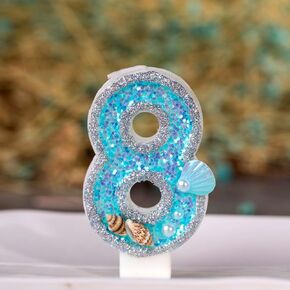 3 inch Shell Birthday Number Candles (No.3), Blue Glitter Number Candle Cake Topper Conch, Pearl, Shell Sequins Cake Number 3 Candles for Birthday Anniversary Mermaid Themed Party (3)