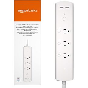 Amazon Basics Rectangular Smart Plug Power Strip, Surge Protector with 3 Individually Controlled Outlets and 2 USB Ports (1 USB C), 2.4 GHz Wi-Fi, Works with Alexa, White