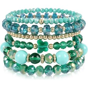 Bohemian Black Beaded Bracelets for Women 5Pcs Stackable Glass Beads Stretch Bracelets Boho Multilayered Sliver Disco Ball Faceted Crystal Beads Bracelet Set Handmade Trendy Jewelry Gift for Girls