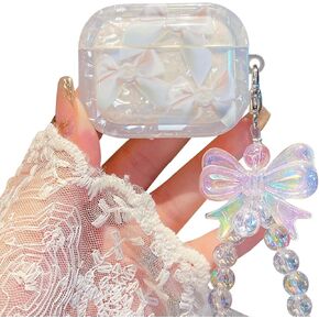 Compatible with AirPods Pro 2nd/1st Generation Case Cute Elegant Bow Ribbon Design with Glitter Keychain Luxury White Shell Pearl Protective Cover for Girls Women - Pro2 Bow