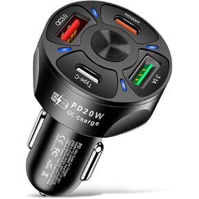 Augeny 4 Ports Car Fast Charging Charger Cigarette Lighter Adapter, Super Fast Auto Charging Cigarette Lighter Plug with QC 3.0, PD 20W, Type C, 3.1 A, Vehicle Phone Charger for Car SUV(Black)