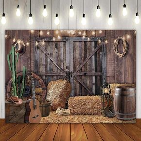 71x47 inch Western Cowboy Theme Photo Background Polyester Fabric Wild West Vintage Wooden House Barn Door Photography Backdrops Baby Shower Happy Birthday Party Banner