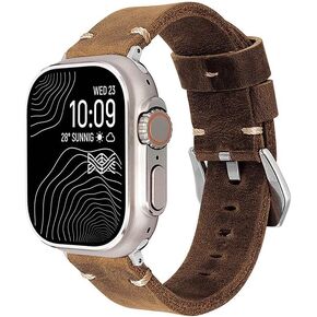 Handmade Double Sided Leather Bands Compatible with Apple Watch Ultra 2/Ultra Band 49mm 46mm 45mm 44mm 42mm ，Men Retro Design Grain Genuine Leather Band For iWatch Series SE 10 9 8 7 6 5 4 3 2 1