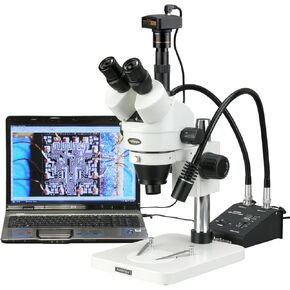 AmScope SM-1TSW2-L6W-10M Digital Professional Trinocular Stereo Zoom Microscope, WH10x and WH25x Eyepieces, 3.5X-225X Magnification, 0.7X-4.5X Zoom Objective, 6W Dual-Gooseneck LED Light, Pillar Stand, 85V-265V, Includes 0.5X and 2.0X Barlow Lenses, Inclu