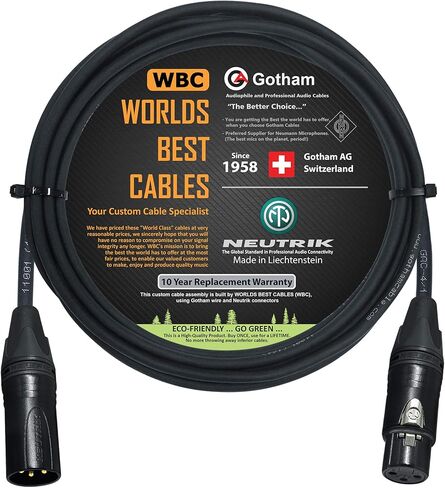 أفضل الكابلات في العالم 10 أقدام - Gotham GAC-4/1 (أسود) - Star Quad - 4xCore 2xShielded (تغطية 100%) كابل ميكروفون متوازن مع مقابس Neutrik Gold ذكر إلى أنثى XLR - مصنوع حسب الطلب in Kuwait