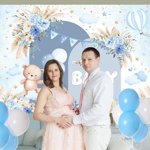 mocsicka boho خلفية استحمام الطفل الأزرق بوهو الأزهار خلفية دش الطفل لصبي بوهو تحت عنوان استحمام الطفل زينة حفلة صور الدعائم (الأزرق، 7x5ft) in Saudi Arabia