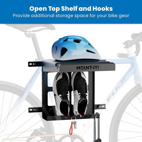 Mount-It! Bike Wall Mount Rack with Shelf and Hooks, Horizontal Indoor Bike Rack Garage Home, Space Saving Wall Mounted Hanger for a Single Road, Mountain or Other Bicycle with Extra Storage, Black in Kuwait