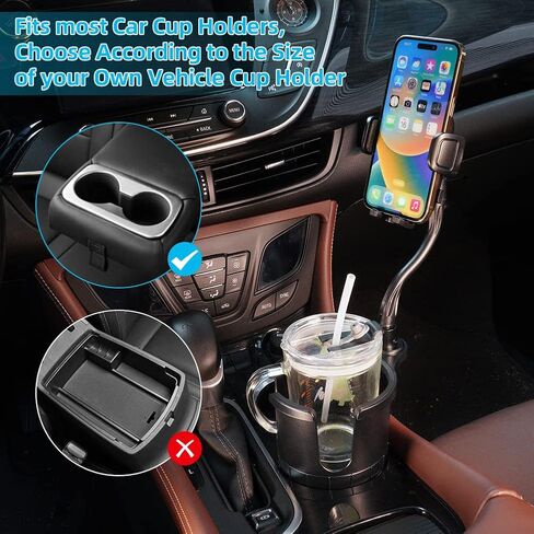 2 in 1 Car Phone Holder, 1 Pack Cup Holder Extender for Car with Adjustable Extender Gooseneck Base, 360° Rotating Universal Cup Holder Compatible with All 4-7 in Cell Phones in Saudi Arabia