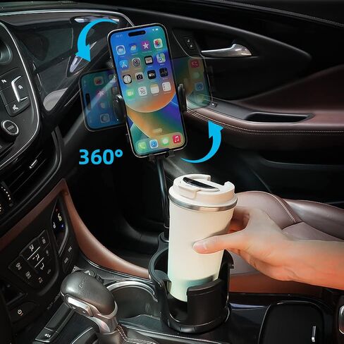 2 in 1 Car Phone Holder, 1 Pack Cup Holder Extender for Car with Adjustable Extender Gooseneck Base, 360° Rotating Universal Cup Holder Compatible with All 4-7 in Cell Phones in Saudi Arabia