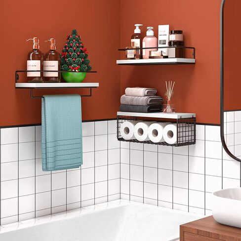 3+1 أرفف حمام مثبتة على الحائط، رف حمام فوق المرحاض مع سلة سلكية وقضيب منشفة، أرفف حائط عائمة للتخزين للحمام والمطبخ وغرفة النوم وغرفة المعيشة والمكتب، بني داكن in Kuwait