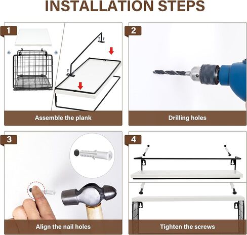 3+1 أرفف حمام مثبتة على الحائط، رف حمام فوق المرحاض مع سلة سلكية وقضيب منشفة، أرفف حائط عائمة للتخزين للحمام والمطبخ وغرفة النوم وغرفة المعيشة والمكتب، بني داكن in Kuwait