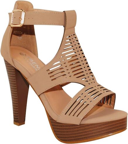TRENDSUP Women's Platform Sandal, Open Toe, Ankle Strap, Stacked Heel, Cutout Design in Kuwait