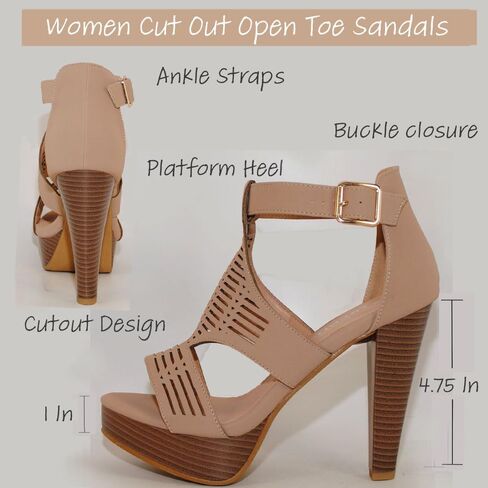 TRENDSUP Women's Platform Sandal, Open Toe, Ankle Strap, Stacked Heel, Cutout Design in Kuwait