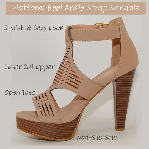 TRENDSUP Women's Platform Sandal, Open Toe, Ankle Strap, Stacked Heel, Cutout Design in Kuwait