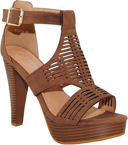 TRENDSUP Women's Platform Sandal, Open Toe, Ankle Strap, Stacked Heel, Cutout Design in Kuwait