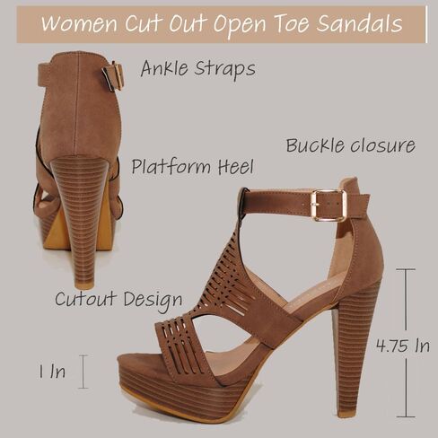 TRENDSUP Women's Platform Sandal, Open Toe, Ankle Strap, Stacked Heel, Cutout Design in Kuwait