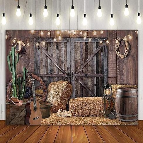 71x47 inch Western Cowboy Theme Photo Background Polyester Fabric Wild West Vintage Wooden House Barn Door Photography Backdrops Baby Shower Happy Birthday Party Banner in Saudi Arabia