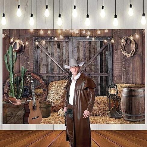 71x47 inch Western Cowboy Theme Photo Background Polyester Fabric Wild West Vintage Wooden House Barn Door Photography Backdrops Baby Shower Happy Birthday Party Banner in Saudi Arabia