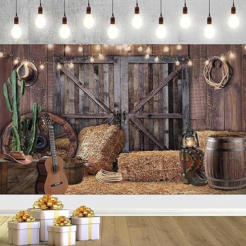 71x47 inch Western Cowboy Theme Photo Background Polyester Fabric Wild West Vintage Wooden House Barn Door Photography Backdrops Baby Shower Happy Birthday Party Banner in Saudi Arabia