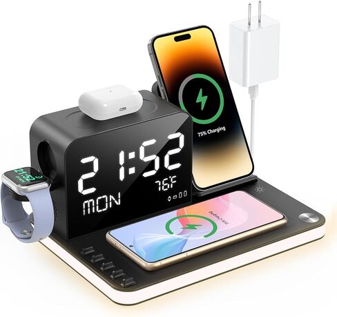 BezosMax 6 in 1 Wireless Charging Station with Bluetooth TimeSync Temperature, 20W Fast Charger Station with Touch Night Light Compatible with iPhone 15/14/13/12/11 All Series & AirPods & iWatch in Saudi Arabia