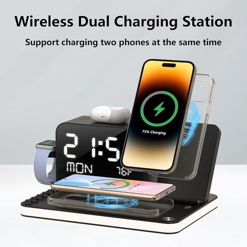 BezosMax 6 in 1 Wireless Charging Station with Bluetooth TimeSync Temperature, 20W Fast Charger Station with Touch Night Light Compatible with iPhone 15/14/13/12/11 All Series & AirPods & iWatch in Saudi Arabia