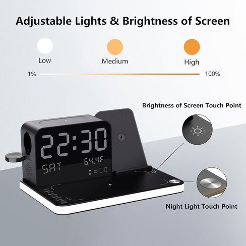 BezosMax 6 in 1 Wireless Charging Station with Bluetooth TimeSync Temperature, 20W Fast Charger Station with Touch Night Light Compatible with iPhone 15/14/13/12/11 All Series & AirPods & iWatch in Saudi Arabia