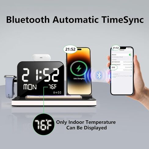 BezosMax 6 in 1 Wireless Charging Station with Bluetooth TimeSync Temperature, 20W Fast Charger Station with Touch Night Light Compatible with iPhone 15/14/13/12/11 All Series & AirPods & iWatch in Saudi Arabia