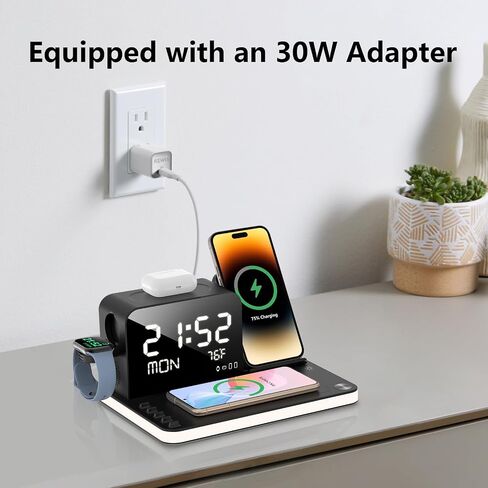 BezosMax 6 in 1 Wireless Charging Station with Bluetooth TimeSync Temperature, 20W Fast Charger Station with Touch Night Light Compatible with iPhone 15/14/13/12/11 All Series & AirPods & iWatch in Saudi Arabia