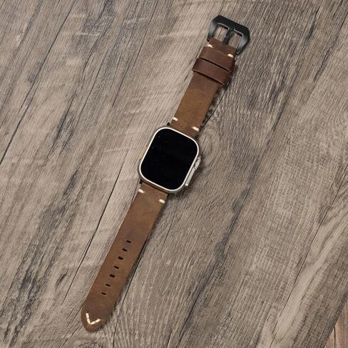 Handmade Double Sided Leather Bands Compatible with Apple Watch Ultra 2/Ultra Band 49mm 46mm 45mm 44mm 42mm ，Men Retro Design Grain Genuine Leather Band For iWatch Series SE 10 9 8 7 6 5 4 3 2 1 in Saudi Arabia