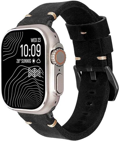Handmade Double Sided Leather Bands Compatible with Apple Watch Ultra 2/Ultra Band 49mm 46mm 45mm 44mm 42mm ，Men Retro Design Grain Genuine Leather Band For iWatch Series SE 10 9 8 7 6 5 4 3 2 1 in Saudi Arabia