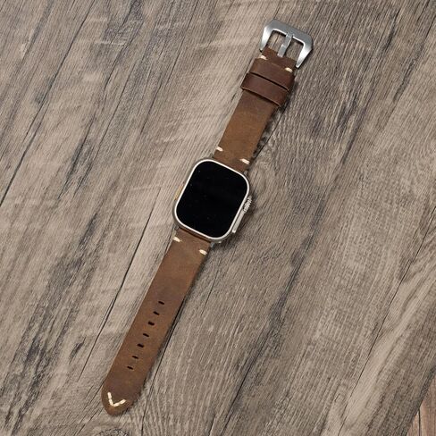 Handmade Double Sided Leather Bands Compatible with Apple Watch Ultra 2/Ultra Band 49mm 46mm 45mm 44mm 42mm ，Men Retro Design Grain Genuine Leather Band For iWatch Series SE 10 9 8 7 6 5 4 3 2 1 in Saudi Arabia