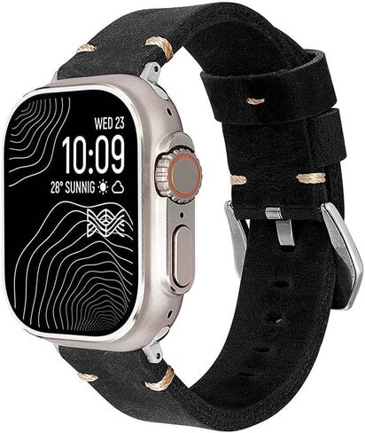 Handmade Double Sided Leather Bands Compatible with Apple Watch Ultra 2/Ultra Band 49mm 46mm 45mm 44mm 42mm ，Men Retro Design Grain Genuine Leather Band For iWatch Series SE 10 9 8 7 6 5 4 3 2 1 in Saudi Arabia