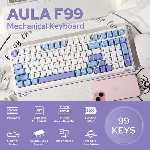 EPOMAKER x Aula F99 Wireless Mechanical Keyboard, Hot Swappable Gasket Custom Gaming Keyboard with Five-Layer Padding, Bluetooth/2.4GHz/USB-C, 8000mAh Battery (White Grey, Graywood V3 Switch) in Kuwait