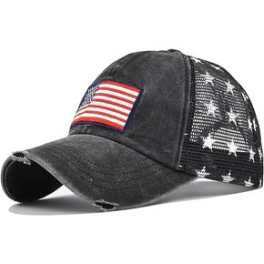 Patriotic-USA-Baseball-Caps Woman-Man-Washed-Worn-Out-Mesh-Sun-Hat for 4th July (Size M)